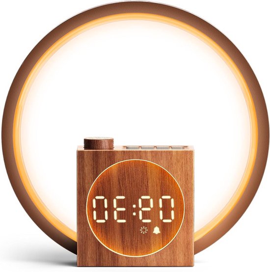 Wekker Lamp - Natuurlijk Licht - Rustig Wakker Worden - Houten Design - 410 Gram - Houtkleur