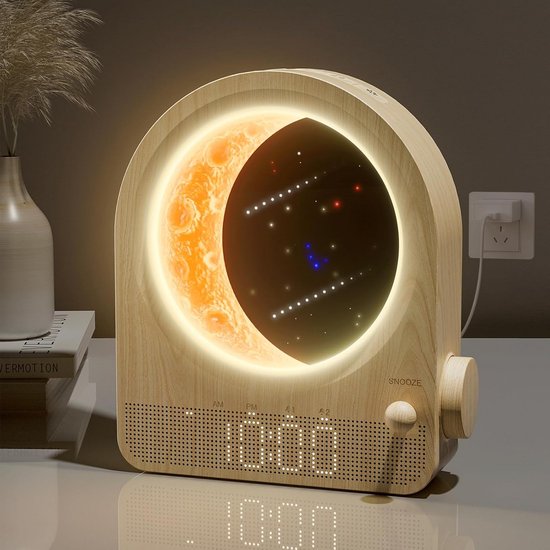 Wekker Maanlamp - Nachtlamp Alarm - Rustig Ontwaken - Dubbel Alarm Instelbaar - 15 x 5 x 18.5 cm - Houtnerf