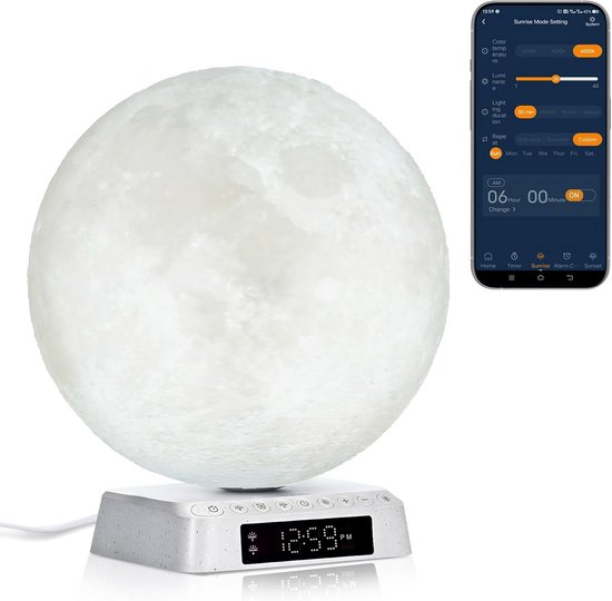 Wekker Maanlamp - Natuurlijk Wakker Worden - Rustgevend Ontwaken - Simuleert Zonsopgang - 20 cm Hoog - Mat