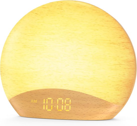 Wekker met Geluidsmachine - Digitale Klok - Rustig Ontwaken - Simuleert Zonsopgang - 18 cm - Houtkleur