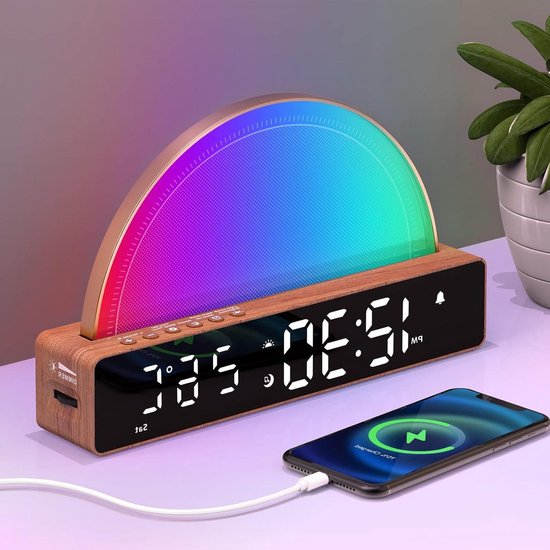 Wekker met Licht - Nachtlamp Geluiden - Rustig Ontwaken - Simuleert Zonsopgang - 5 Volt - Houtkleurig
