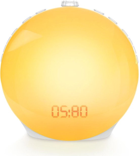 Wekker met Licht - Nachtlamp Klok - Ontspannen Ontwaken - Simuleert Zonsopgang - 17.5 cm Breed - Wit