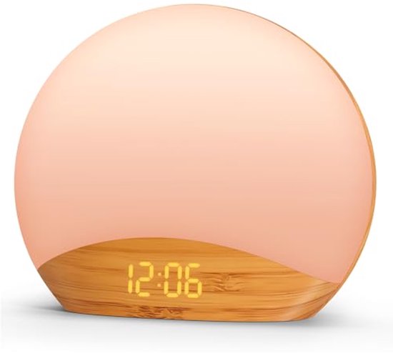 Wekker met Licht - Nachtlamp Klok - Rustig Ontwaken - Zonsopgang Simulatie - 26 Slaapgeluiden - Houtnerf
