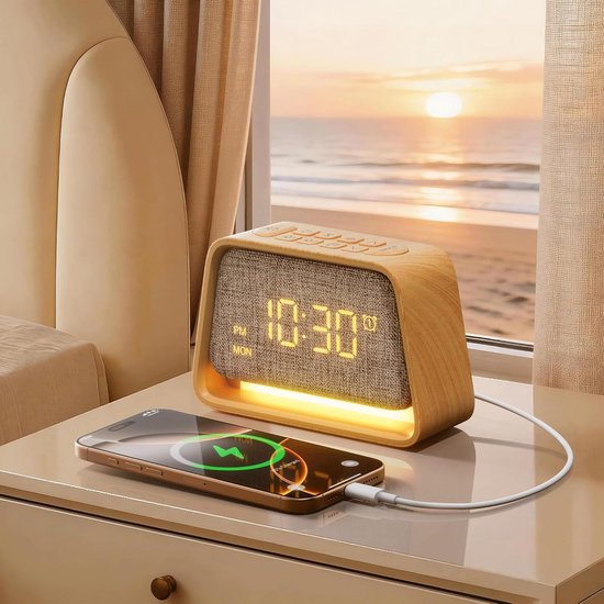 Wekker met Licht - Nachtlamp Klok - Rustig Slapen - 20 Slaapgeluiden - Compact Formaat - Houtlook