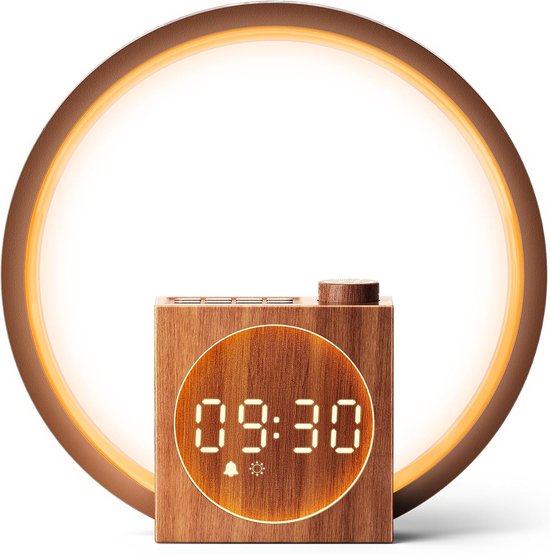 Wekker met Licht - Nachtlamp - Rustig Wakker Worden - Hout Design - 410 Gram - Houtkleur