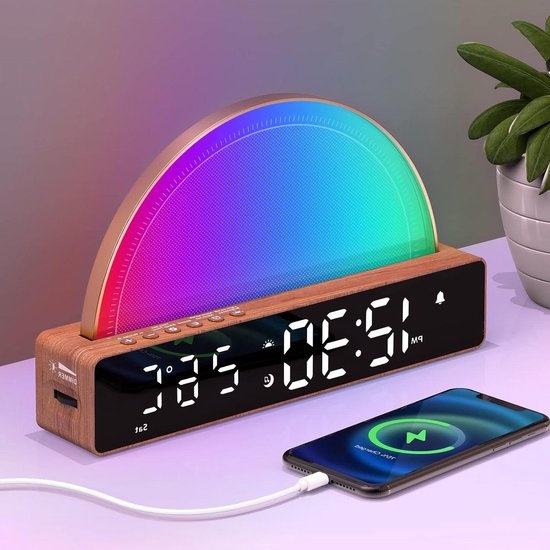 Wekker met Licht - Nachtlamp Wake-up Light - Rustig Ontwaken - 10 Slaaphulpen - Temperatuur Display - Hout Zwart