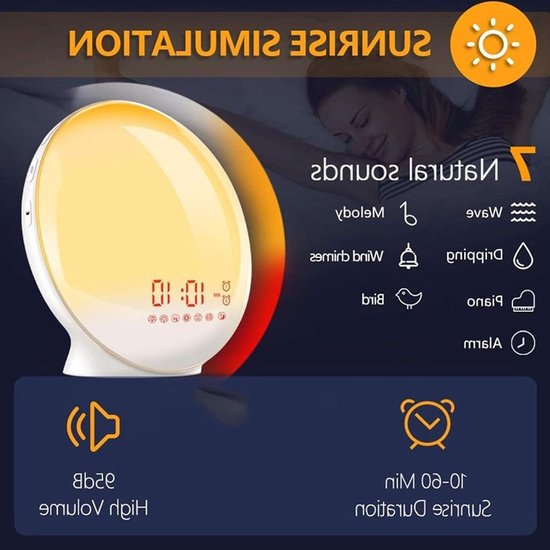 Wekker met Licht - Natuurlijk Ontwaken - Rustig Wakker Worden - 7 Natuurlijke Ringtones - 16.5 cm - Wit