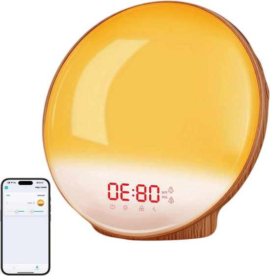 Wekker met Licht - Natuurlijke Wekker - Rustig Ontwaken - App Bediening Zonder Registratie - N.v.t. - Houtnerf