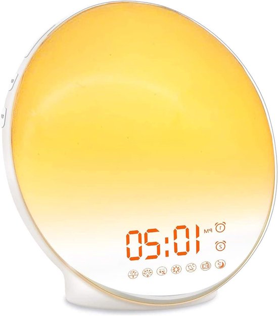 Wekker met Licht - Wake-up lamp - Rustig Ontwaken - Simuleert Zonsopgang - 16x16x6 cm - Wit