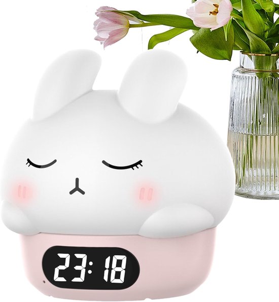 Wekker met nachtlampje in de vorm van een konijn | Wekker met nachtlampje in de vorm van een konijn | Nachtlampje voor slaaptraining | Nachtlampje voor slaaptraining | Oplaadbaar aanraaklampje met batterij met lange levensduur van Little Hippo
