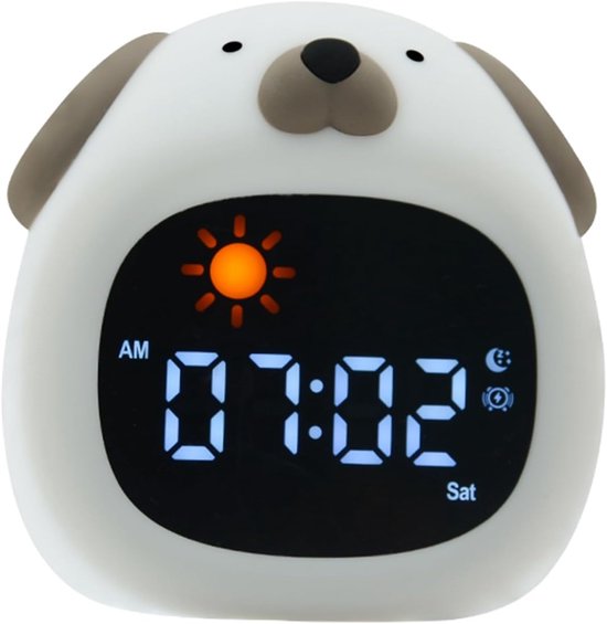 Wekker met nachtlampje, oplaadbare siliconen lamp wakker witte ruis klok schattige cartoon dier desktoplamp, digitale display elektronische klok. (Hond)