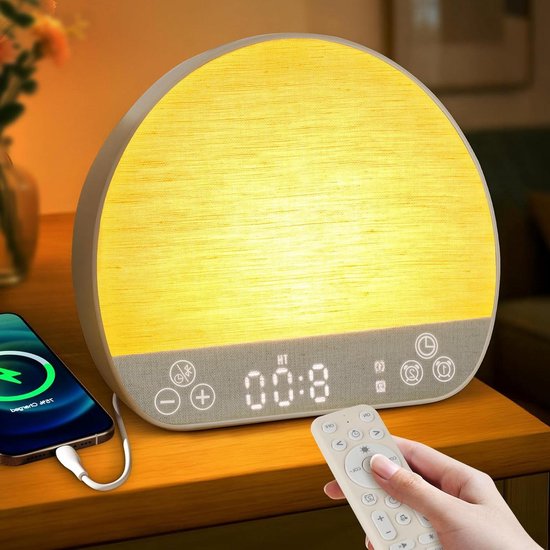 Wekker met Zonsopgang Simulatie - Wake-up Light Geluidsmachine - Natuurlijk Wakker Worden - 37 Slaapgeluiden en 15 Kleuren