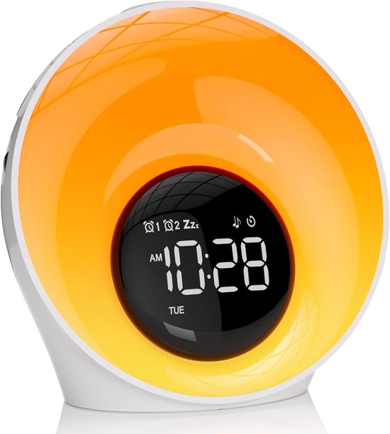 Wekker met Zonsopkomst & Zonsondergang Simulatie, Nachtlamp met 14 Kleuren, 30 Slaapgeluiden en Snooze