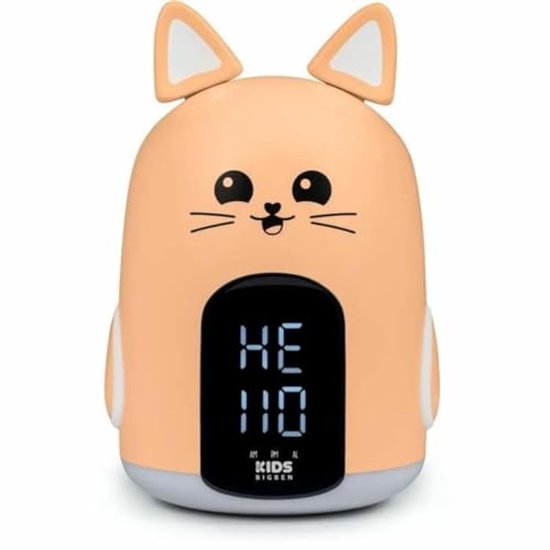 Wekker Zalm Kat - Kinderwekker Digitaal - Wakker Worden - Nachtlamp Functie - 27 cm Breed - Zalmkleurig