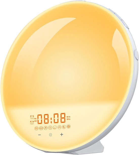 Wekker Zonsopgang - Nachtlampje Radio - Rustig Ontwaken - Dubbele Alarmen - 17 x 6 x 17 cm - Wit