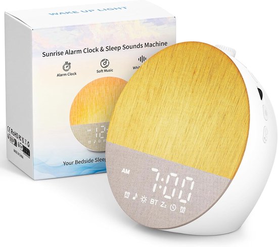 Wekker Zonsopgang - Wake-up light - Rustig Wakker Worden - 30 Natuurgeluiden - 17 Kleuren - Wit