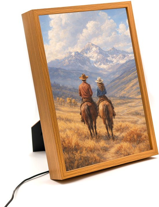 Western cowboy cowgirl schilderij – 31×23 cm – Verlicht kunstwerk – LED licht portret nachtlampje – Dimbaar – Sfeerverlichting – Kinder Woon en Slaapkamer Wall Art Decor van Merkloos