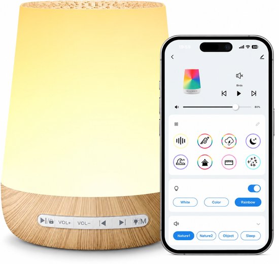 White Noise Machine – 34 Rustgevende Geluiden – 7-Kleuren Nachtlamp – Appbediening – Timer & Slaaproutine