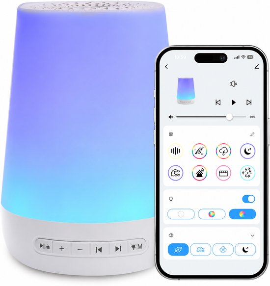 White Noise Machine – 34 Rustgevende Geluiden – 7-Kleuren Nachtlamp – Appbediening – Timer – Wit