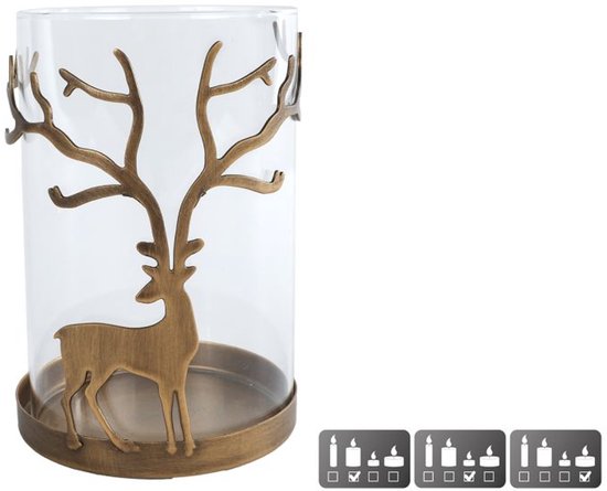 Windlicht Deer goud glas decoratief sfeerlicht 9x9x13,5cm.