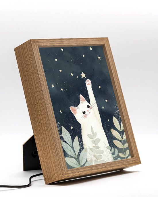 Witte kat sterrenhemel - 22*17 - Schattig nachtlampje met kunstwerk - Dimbaar - USB powered - Kinder slaap en woonkamer - Decorstuk van Merkloos