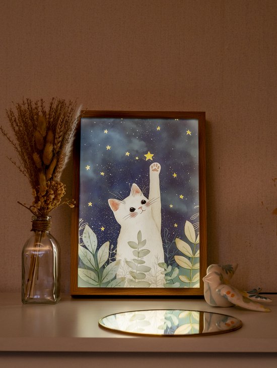 Witte kat sterrenhemel - Nachtlamp met kunstwerk - 3 lichtmodus - dimbaar - USB powered - kinderkamer van Merkloos