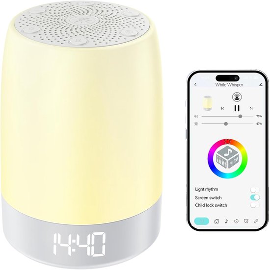 Witte ruis-geluidsmachine voor slaap - Nachtlampje voor kinderen - Bluetooth-muziek - Wekker - App-afstandsbediening - Werkt op USB-batterijen - 32 natuurlijke geluiden - voor slaapkamer en kinderkamer van Merkloos