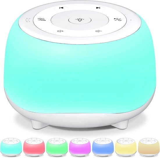 Witte ruisgeluidsmachine met 7 kleuren nachtlampje, 34 rustgevende geluiden, draagbare geluidsmachine voor baby's, volwassenen en kinderen. Slaapfunctie met 30 volumeniveaus, 4 timers en instelbare helderheid (wit)