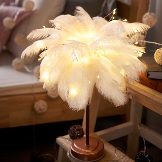 Witte verenlamp - LED sfeerlamp met veren, nachtlampje voor naast het bed, perfect voor moeder, vriendin, meisjeskamer of bruiloftsdecoratie van Balabala