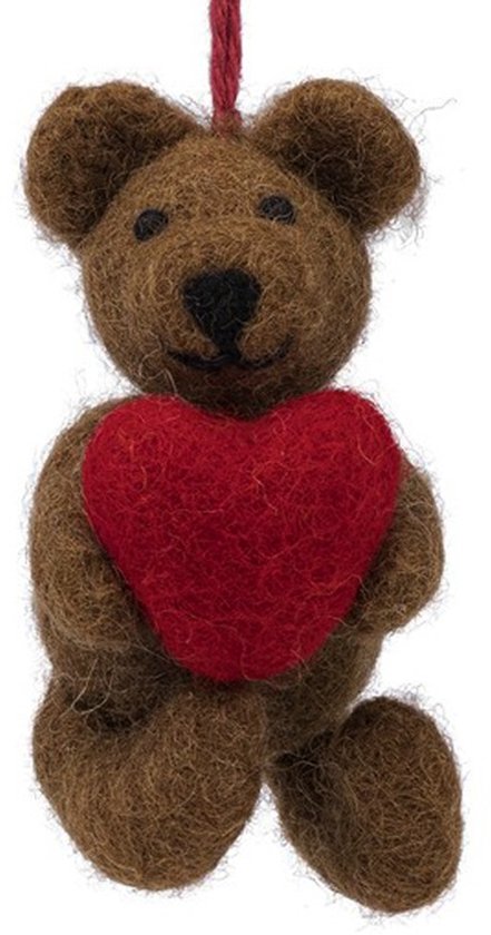 Wolvilt Hanger Teddybeertje met Rood Hartje - Fairtrade Homedeco - 9x5x5cm