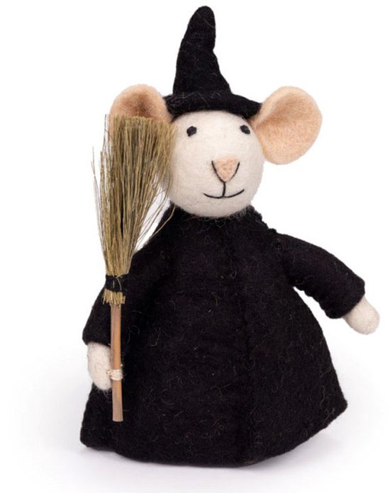 Wolvilt Muis Heks met Bezem - Zwart - Fairtrade Homedeco - 20x10cm