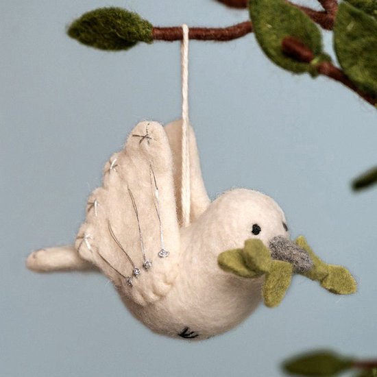 Wolvilt Vogel - Vredesduif met Olijftakje - Creme&Groen&Zilver - Fairtrade Homedeco - 7x12x4cm