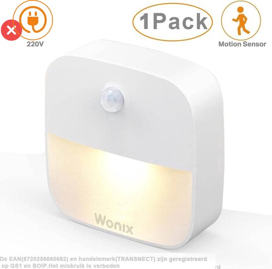 Wonix ® - Nachtlampje - met Bewegingssensor - met Dag en Nacht Sensor - Werkt op 3 AAA batterijen - voor Volwassenen, Babykamer, Slaapkamer - 1 Stuk van Wonix
