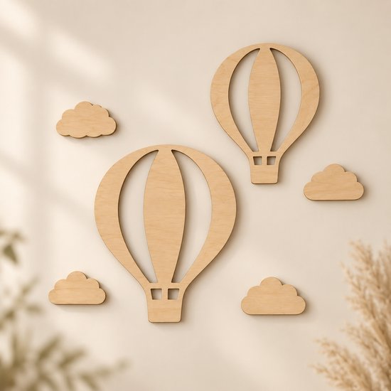 Wooden Wonder Crafts - Wanddecoratie kinderkamer - Luchtballonnen - Hout