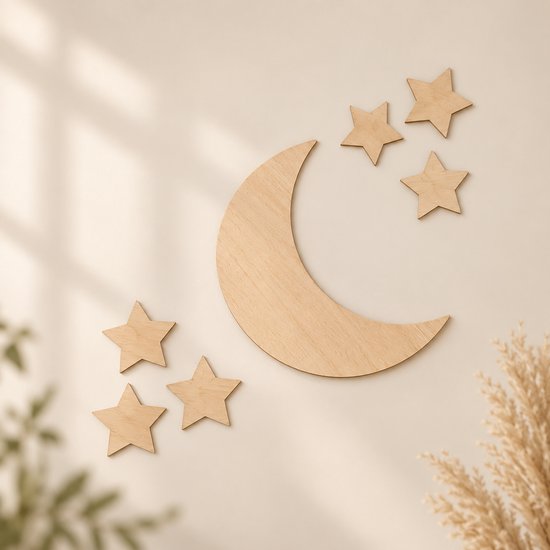 WWC - Muurdecoratie Kinderkamer - Houten Maan & Sterren - Naturel Hout