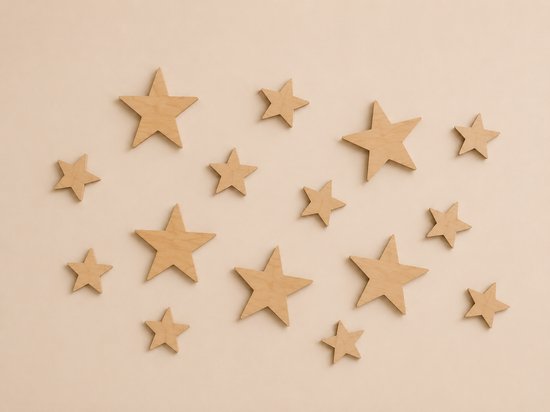 WWC- Wanddecoratie kinderkamer - Houten sterren – Set van 15 - natuurlijk hout
