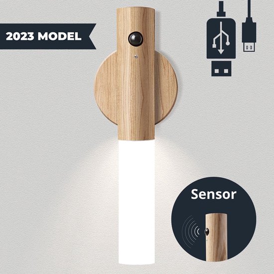 Yas-Goods - Stijlvol LED lampje met bewegingssensor – Draadloos Nachtlampje – USB oplaadbare wandlamp binnen – Kinder lampje – Eikenhouten lamp – Nachtsensor – Slimme verlichting van Yas-Goods