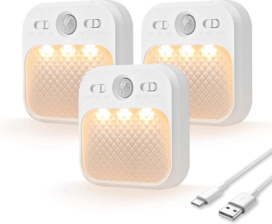 Ynkkvre - Nachtlampje -met bewegingssensor - 3-pack USB-C oplaadbare LED-nachtlampje, dimbare helderheid, instelbaar in 3 standen (AUTO/UIT/AAN), warmwitte LED-nachtlamp voor kinderkamer, gang, trap, keuken van Merkloos