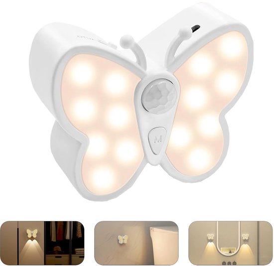 Ynkkvre - Nachtlampje met bewegingssensor - Oplaadbaar lampje - Vlinder LED-nachtlampje met spotje - Traploos dimbaar kastverlichting en trapverlichting - USB oplaadbaar - Voor trap-Gang-Badkamer-Kinderkamer-1pcs van Merkloos