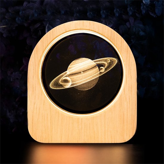 Ynkkvre -Saturnus 3D Kristallen Nachtlamp - K9 Kristal met Houten Basis - Galaxy Planeet LED Nachtlicht - Astronomie Decoratie & Cadeau voor Kinderen en Volwassenen van Ynkkvre