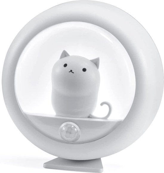 Yuconn Nachtlampje Kinderen - Babykamer Nachtlamp - Automatisch Bewegingssensor - Dimbaar - Oplaadbaar en Draadloos - Energiezuinig - Met Magneet en Strip - Poes - Wit - Jongen / Meisje van Yuconn
