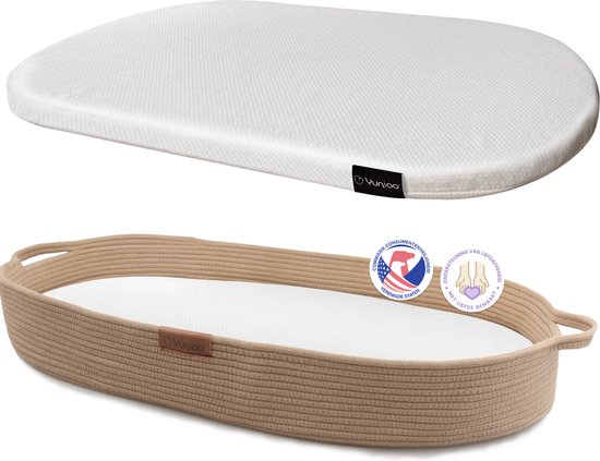 Yunioo Aankleedkussen XL - Verschoonkussen 80cm - Baby Verschoonmand Katoen - Mozesmand incl. 3 cm Dik Matras - Bruin