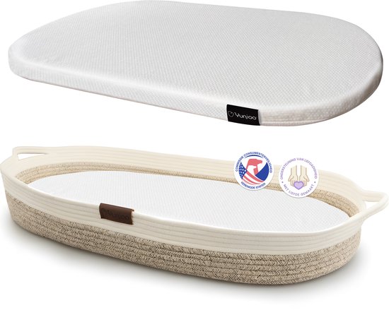 Yunioo Aankleedkussen XL - Verschoonkussen 80cm - Baby Verschoonmand Katoen - Mozesmand incl. 3 cm Dik Matras - Wit-Beige