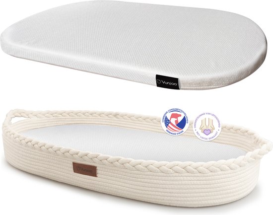 Yunioo Aankleedkussen XL - Verschoonkussen 80cm - Baby Verschoonmand Katoen - Mozesmand incl. 3 cm Dik Matras - Wit