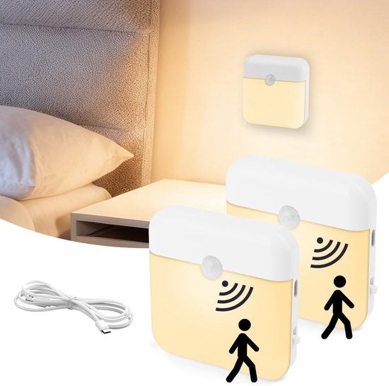 YYV 2-Delige Set Bewegingssensor Nachtlampje - Dimbare Warm Witte LED, USB-C Oplaadbaar, Magnetisch Kastlampje voor Trap, Slaapkamer, Keuken van Merkloos