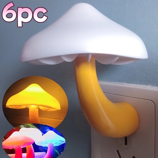 Zes paddenstoelvormige LED-nachtlampjes met bewegingssensoren, die een fantastische paddenstoelenwereld creëren. Ze gaan automatisch aan in het donker met behulp van een aanraaksensor en functioneren als nachtlampjes van Merkloos