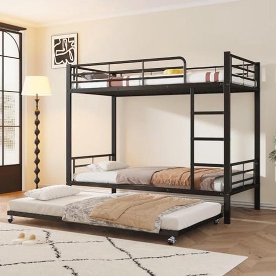 Zravenna Metal loft bed for 3 children, 90 x 200 cm and 90 x 190 cm, three bunk beds with pull-out bed, fall protection, children's bed with ladder, iron bed, white, black