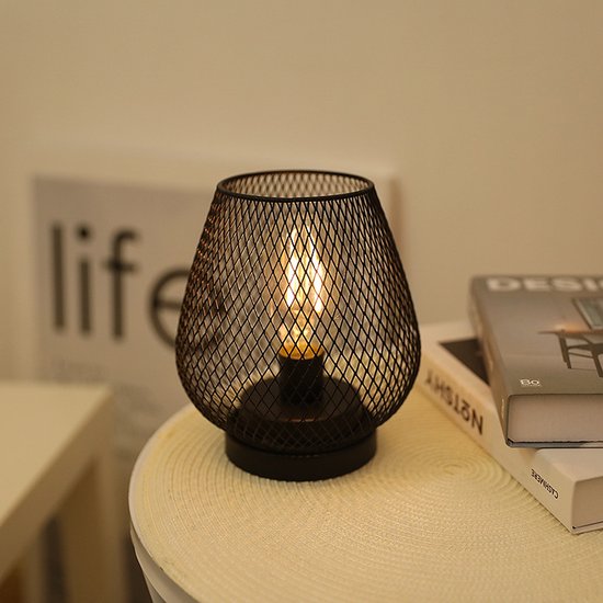 Zwart smeedijzeren draadloos nachtlampje met gaas - LED-sfeerverlichting op batterijen - decoratieve tafellamp voor slaapkamer, naast het bed, balkon of in de tuin, warm wit licht
