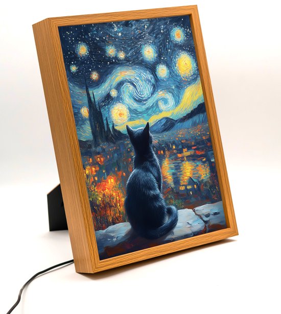Zwarte kat Sterrennacht Van Gogh Nachtlampje - 32*23cm - Verlicht kunstwerk - Dimbaar - 3 lichtmodus - USB Powered van Merkloos